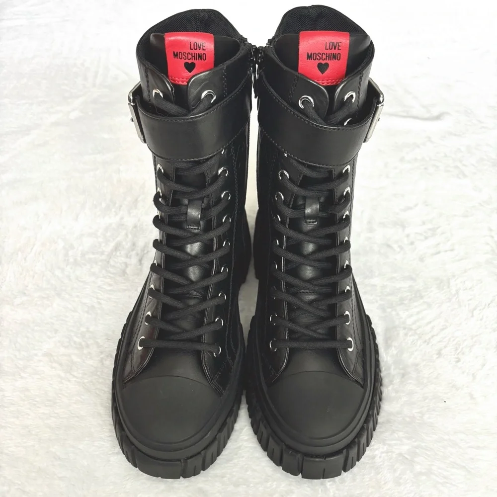 LOVE MOSCHINO Black Leather Moto Biker Boots--NEW--7 - Picture 2 of 15